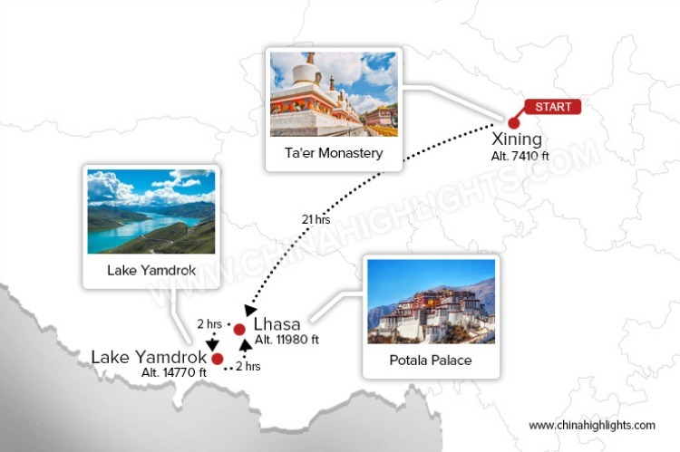Carte de voyage de Xining à Lhasa