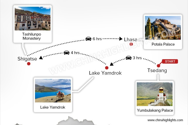 Carte du tour du Tibet incluant Tsedang, Shigatse et Lhasa